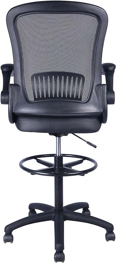 Office Factor Mid-Back Mesh Back Pu Seat, Swivel Ergonomic Task Desk Chair with Flip-Up Arms & Lumbar Support, Black