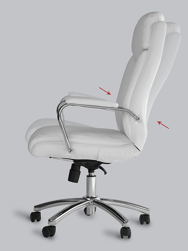 Office Factor White Leather Executive Rolling Swivel Chair with Chrome Metal Components, Comfortable Padded Armrests & Adjustable Gaslift