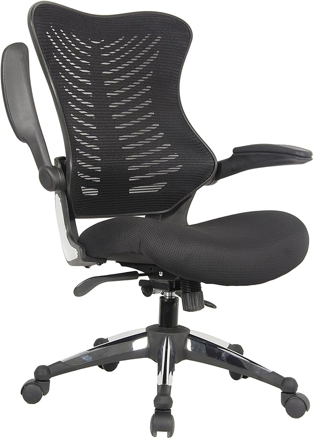OFFICE FACTOR Executive Ergonomic Office Chair Back Mesh Bonded Leather Seat Flip up Armrest Molded Seat with a 55kg Foam Density Double Handle Mechanism