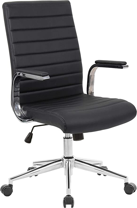 OFFICE FACTOR Brown Leatherette Ribbed Office Chair, Swivel- Adjustable Height Executive Modern Conference Computer Desk Chair Chromed Arms and Base (Brown)