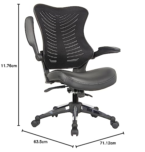 OFFICE FACTOR Executive Ergonomic Office Chair Back Mesh Bonded Leather Seat Flip up Armrest Molded Seat with a 55kg Foam Density Double Handle Mechanism