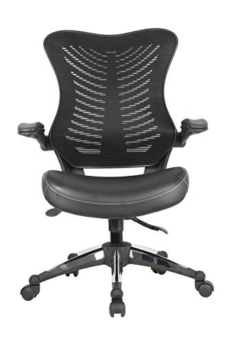 OFFICE FACTOR Executive Ergonomic Office Chair Back Mesh Bonded Leather Seat Flip up Armrest Molded Seat with a 55kg Foam Density Double Handle Mechanism
