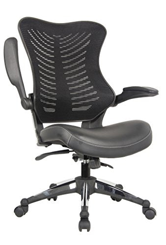 OFFICE FACTOR Executive Ergonomic Office Chair Back Mesh Bonded Leather Seat Flip up Armrest Molded Seat with a 55kg Foam Density Double Handle Mechanism