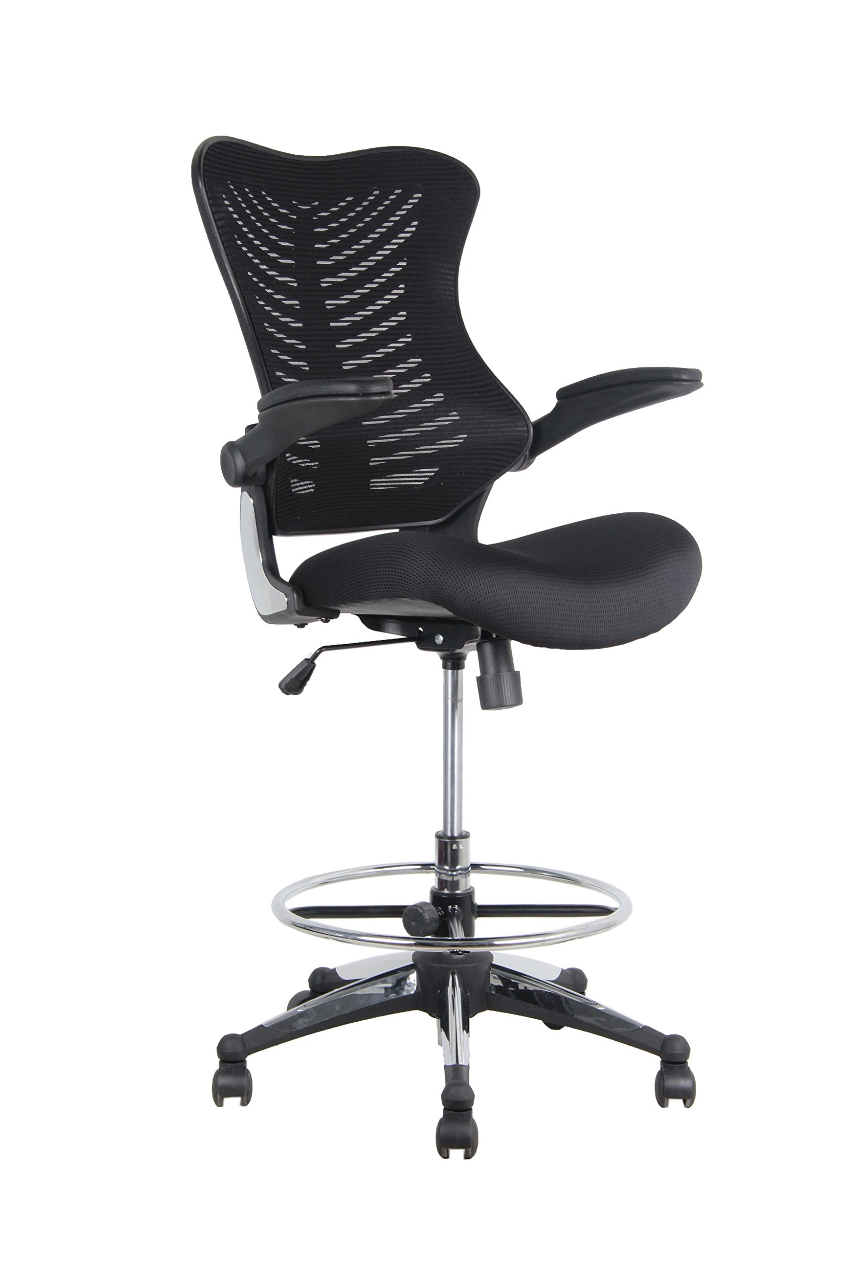 OFFICE FACTOR Stool Clerk Teller Drafting Chair Reception Black Mesh Flip up Armrest Molded Seat with a Single Handle Mechanism (Stool Black MESH