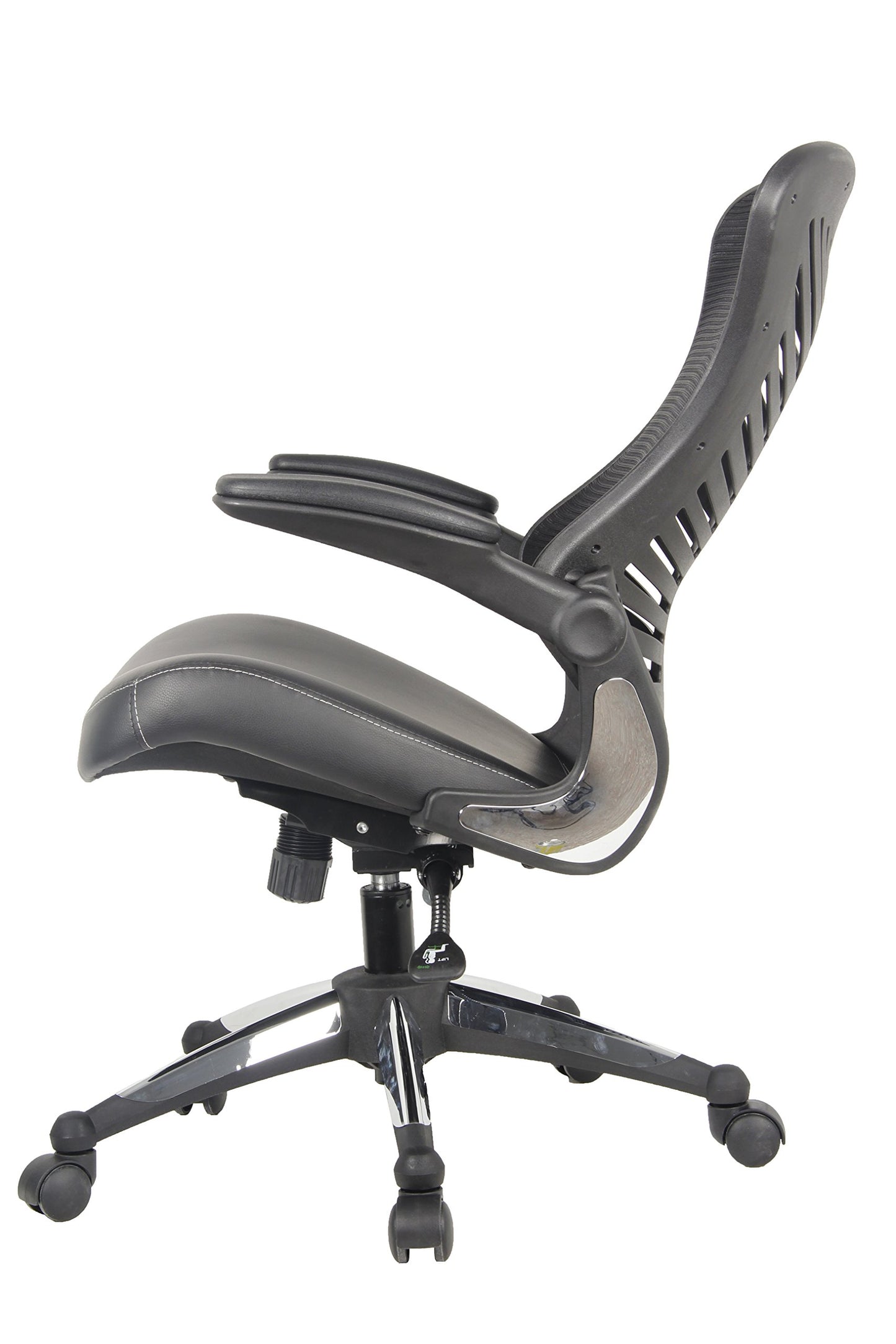 OFFICE FACTOR Executive Ergonomic Office Chair Back Mesh Bonded Leather Seat Flip up Armrest Molded Seat with a 55kg Foam Density Double Handle Mechanism