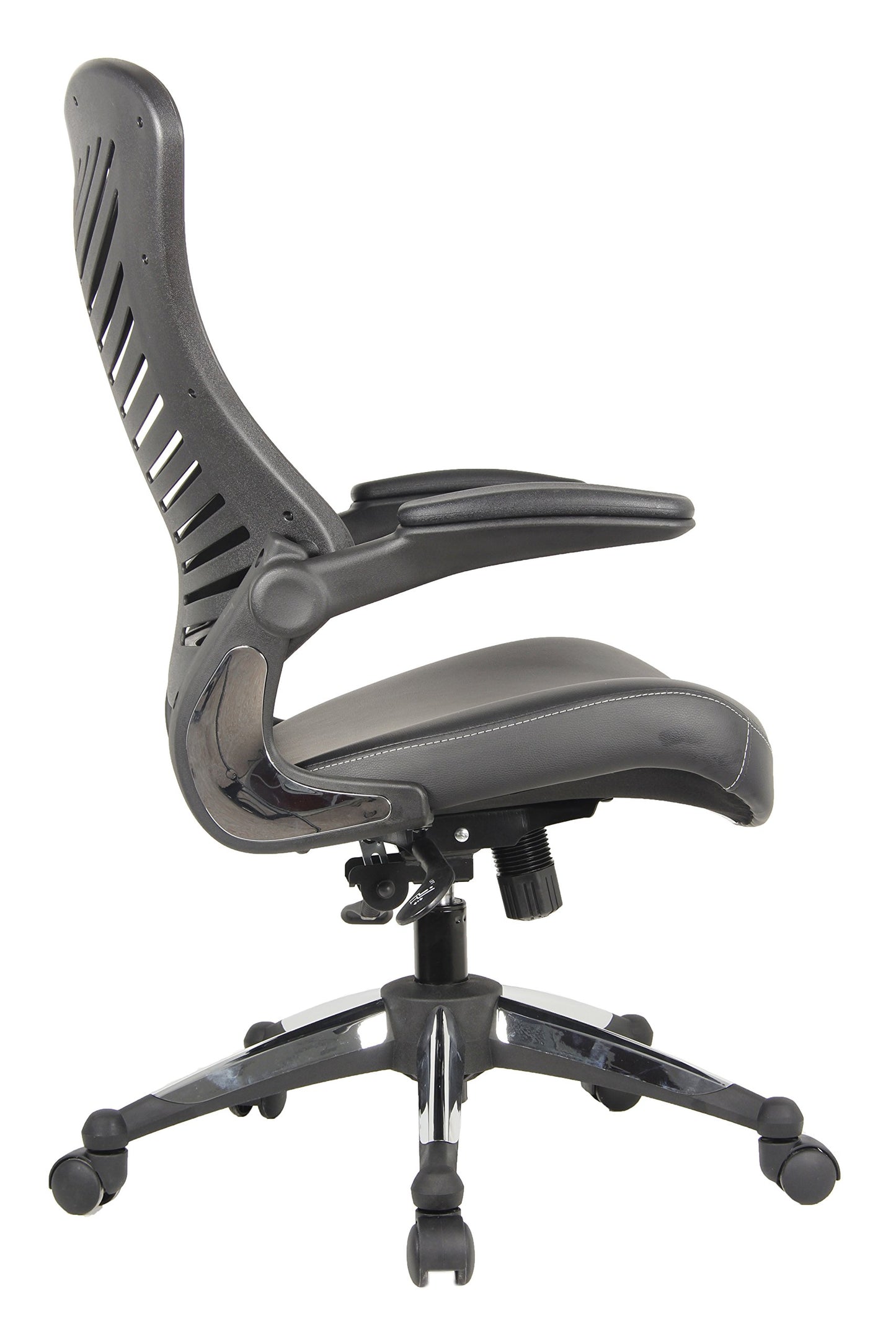 OFFICE FACTOR Executive Ergonomic Office Chair Back Mesh Bonded Leather Seat Flip up Armrest Molded Seat with a 55kg Foam Density Double Handle Mechanism
