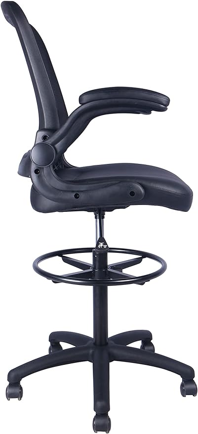 Office Factor Mid-Back Mesh Back Pu Seat, Swivel Ergonomic Task Desk Chair with Flip-Up Arms & Lumbar Support, Black