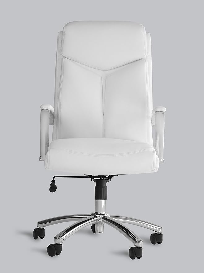 Office Factor White Leather Executive Rolling Swivel Chair with Chrome Metal Components, Comfortable Padded Armrests & Adjustable Gaslift