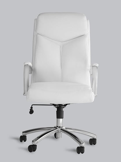 Office Factor White Leather Executive Rolling Swivel Chair with Chrome Metal Components, Comfortable Padded Armrests & Adjustable Gaslift