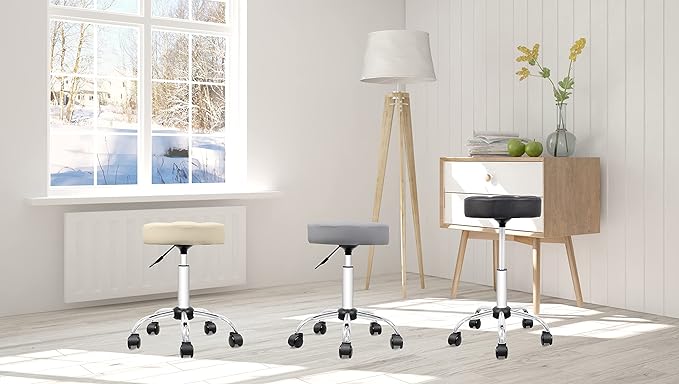 OFFICE FACTOR Rolling Stool Swivel Chair Pu Leather Height Adjustable Shop Stool Salon Spa Stools Non Scratch Wheels