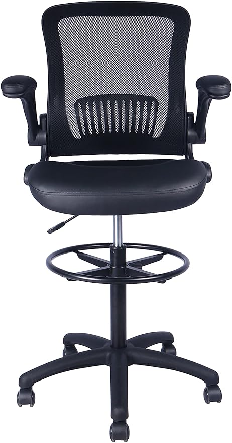 Office Factor Mid-Back Mesh Back Pu Seat, Swivel Ergonomic Task Desk Chair with Flip-Up Arms & Lumbar Support, Black