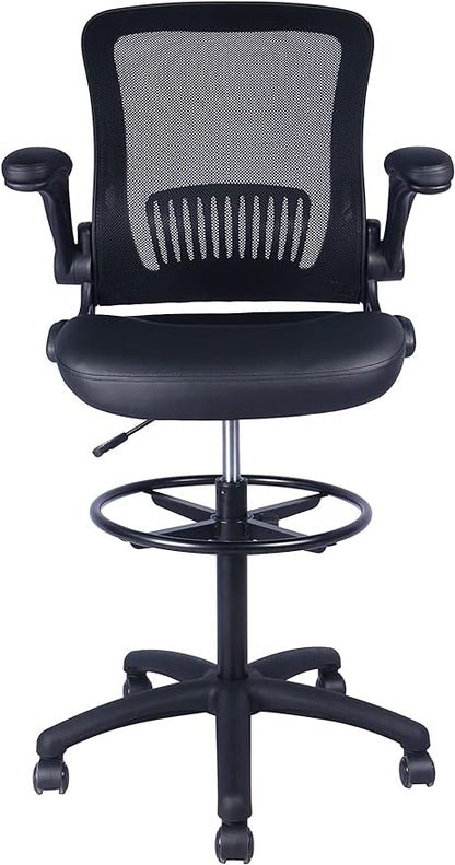 Office Factor Mid-Back Mesh Back Pu Seat, Swivel Ergonomic Task Desk Chair with Flip-Up Arms & Lumbar Support, Black