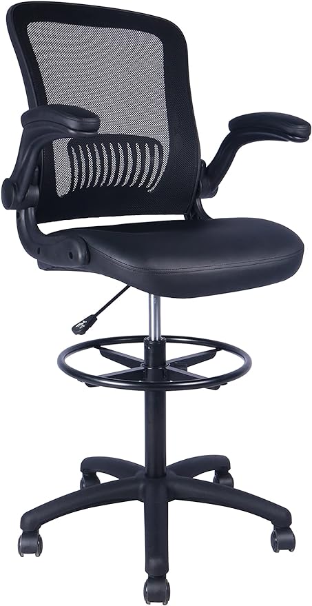 Office Factor Mid-Back Mesh Back Pu Seat, Swivel Ergonomic Task Desk Chair with Flip-Up Arms & Lumbar Support, Black