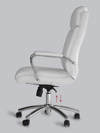 Office Factor White Leather Executive Rolling Swivel Chair with Chrome Metal Components, Comfortable Padded Armrests & Adjustable Gaslift