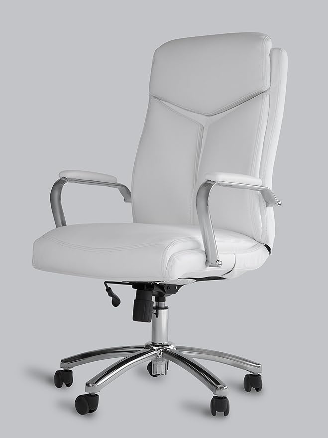 Office Factor White Leather Executive Rolling Swivel Chair with Chrome Metal Components, Comfortable Padded Armrests & Adjustable Gaslift