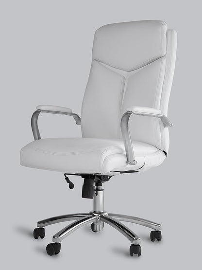 Office Factor White Leather Executive Rolling Swivel Chair with Chrome Metal Components, Comfortable Padded Armrests & Adjustable Gaslift