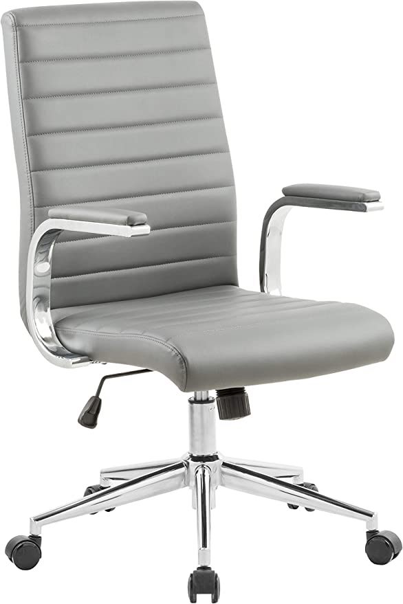 OFFICE FACTOR Brown Leatherette Ribbed Office Chair, Swivel- Adjustable Height Executive Modern Conference Computer Desk Chair Chromed Arms and Base (Brown)