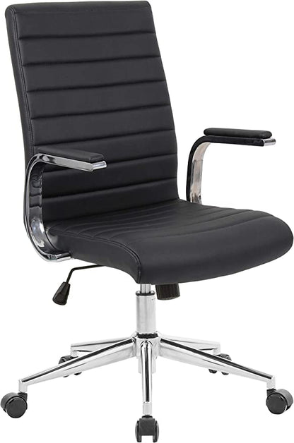 OFFICE FACTOR Brown Leatherette Ribbed Office Chair, Swivel- Adjustable Height Executive Modern Conference Computer Desk Chair Chromed Arms and Base (Brown)