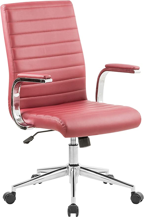 OFFICE FACTOR Brown Leatherette Ribbed Office Chair, Swivel- Adjustable Height Executive Modern Conference Computer Desk Chair Chromed Arms and Base (Brown)
