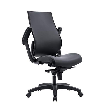 Office Factor Faux Leather Executive Ergonomic Office Chair Flip-up and Adjustable arms Knee Tilt Mechanism PU Anti Scratch Casters 300 Lbs Weight Capacity