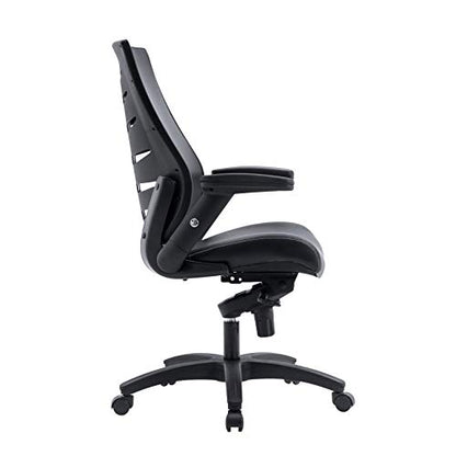 Office Factor Faux Leather Executive Ergonomic Office Chair Flip-up and Adjustable arms Knee Tilt Mechanism PU Anti Scratch Casters 300 Lbs Weight Capacity