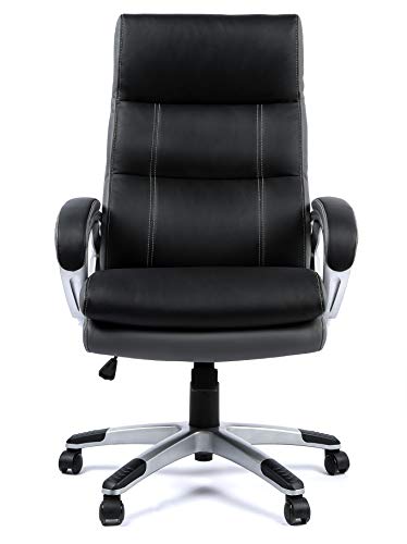 OFFICE FACTOR Black and Gray Faux Leather Executive Office Chair Computer Desk Chair Ergonomic High Back Lumbar Support Pu Wheels Swivel Adjustable Height tilt Tension Control Padded Arms