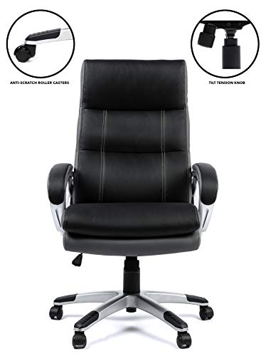 OFFICE FACTOR Black and Gray Faux Leather Executive Office Chair Computer Desk Chair Ergonomic High Back Lumbar Support Pu Wheels Swivel Adjustable Height tilt Tension Control Padded Arms