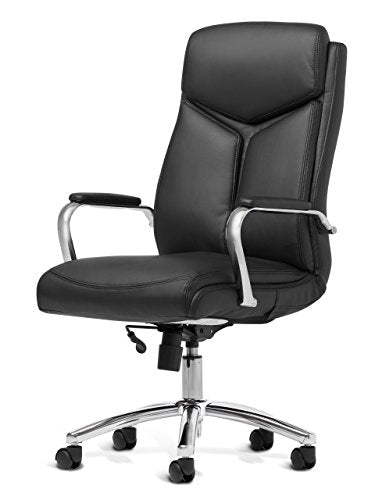 Office Factor White Leather Executive Rolling Swivel Chair with Chrome Metal Components, Comfortable Padded Armrests & Adjustable Gaslift