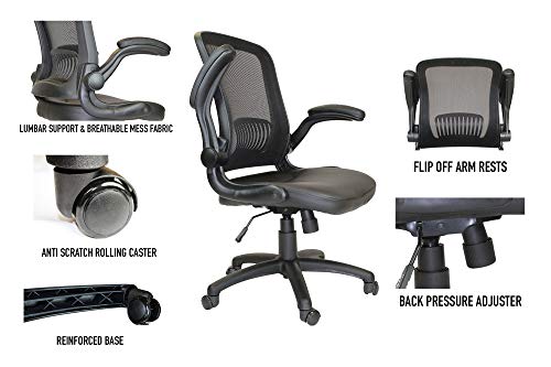 Office Factor Mid-Back Mesh Back Pu Seat, Swivel Ergonomic Task Desk Chair with Flip-Up Arms & Lumbar Support, Black