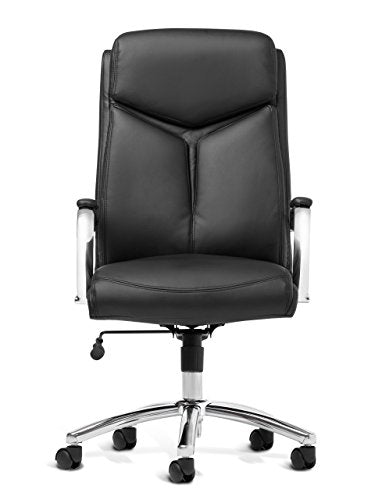 Office Factor White Leather Executive Rolling Swivel Chair with Chrome Metal Components, Comfortable Padded Armrests & Adjustable Gaslift